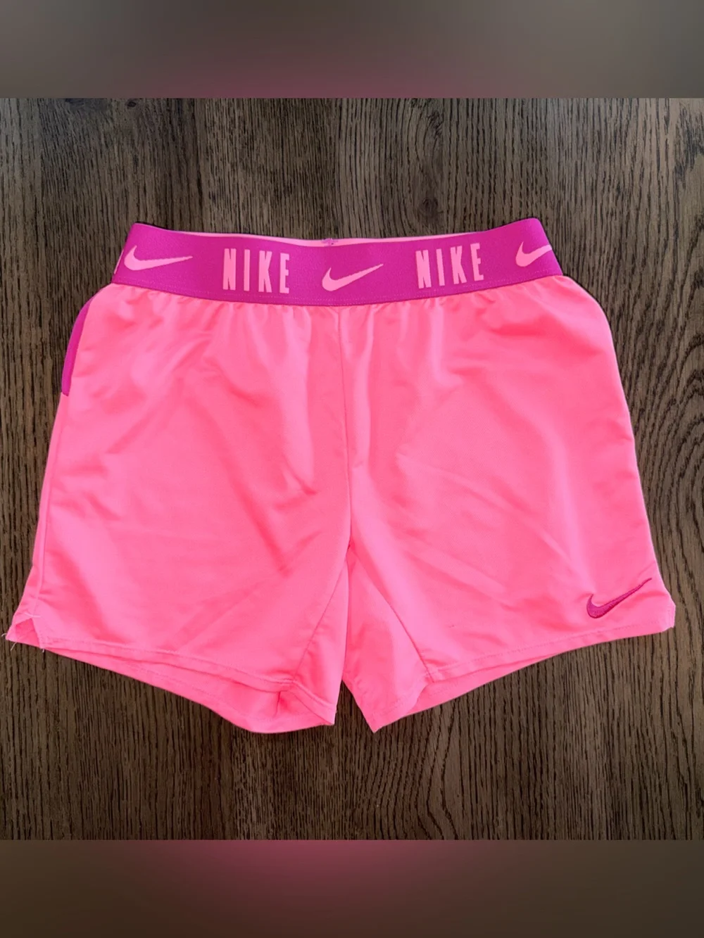 Girls Youth Medium Nike Bright Pink Bike Shorts with Magenta Branded Waistband